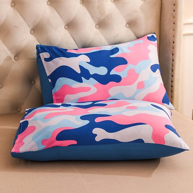 Meeting Story Camouflage Bedding Set, Colorful Pattern Style Queen Camouflage Comforter Set, 3 PCS 1 Comforter and 2 Pillowcases in 1 Bag, All Season Bedspread for Kids Teens Adults (Blue, Queen) - LeafyLoom