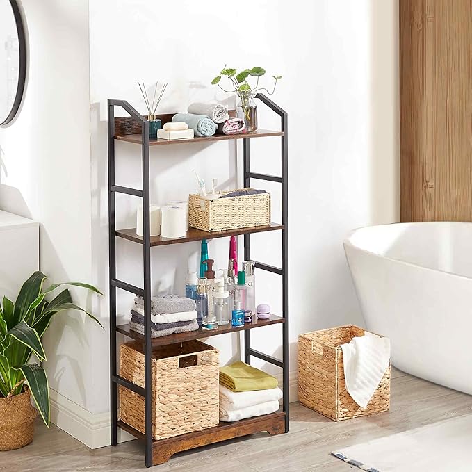 Vagusicc 4 Tier Bookshelf with 2 Storage Baskets, Tall Bookcase Shelf Storage Organizer Wood Book Shelf, Modern Shelf Rack Shelves with Steel Frame, Multipurpose Bookshelf for Bedroom Living Room - LeafyLoom