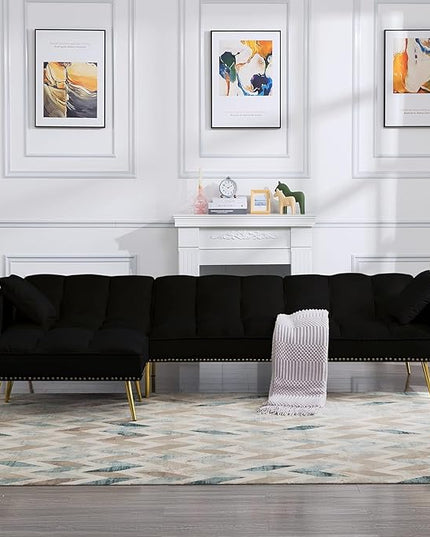 L-Shaped Living Room Furniture Sets Velvet Upholstery Tufted Corner Sectional Sofa Convertible Sleeper Couch Bed with Reversible Chaise Movable Ottoman & Nailhead Decor for Home Apartment - Beige - LeafyLoom