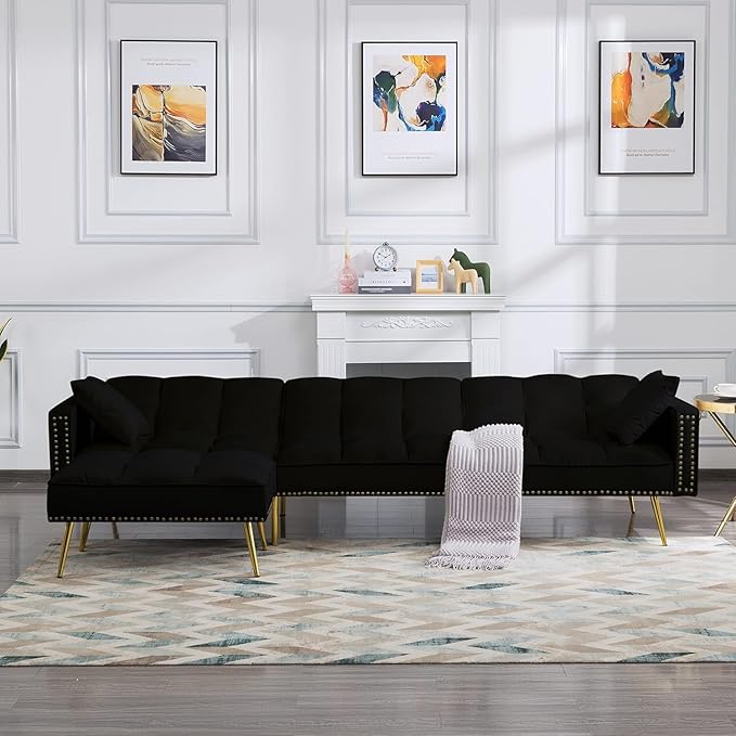 L-Shaped Living Room Furniture Sets Velvet Upholstery Tufted Corner Sectional Sofa Convertible Sleeper Couch Bed with Reversible Chaise Movable Ottoman & Nailhead Decor for Home Apartment - Beige - LeafyLoom