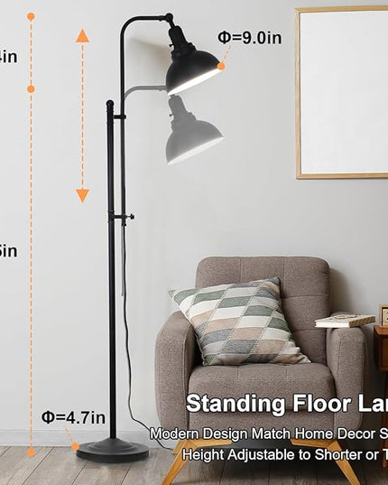 Floor Lamp, Industrial Floor Lamps for Living Rooms & Bedrooms - Rustic Farmhouse Reading Lamp Standing, Adjustable Metal Heads Indoor Task Lighting for Living Room Office Home Décor (Black-02 3S) - LeafyLoom