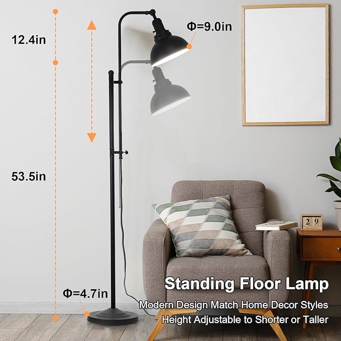 Floor Lamp, Industrial Floor Lamps for Living Rooms & Bedrooms - Rustic Farmhouse Reading Lamp Standing, Adjustable Metal Heads Indoor Task Lighting for Living Room Office Home Décor (Black-02 3S) - LeafyLoom