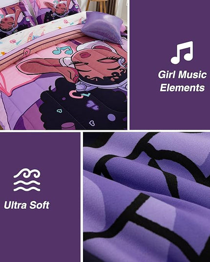 A Nice Night Purple Comforter Sets,Black Girl Listening Music Printed, 6Pcs Bed in A Bag Full Size All Seasons Bedding Set,for Kids, Girls - LeafyLoom
