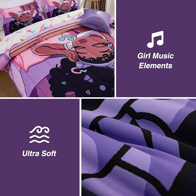 A Nice Night Purple Comforter Sets,Black Girl Listening Music Printed, 6Pcs Bed in A Bag Full Size All Seasons Bedding Set,for Kids, Girls - LeafyLoom