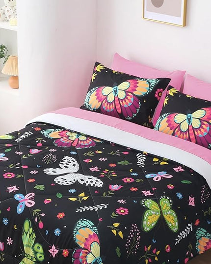 Kids Butterfly Comforter Set Full Size for Girls Colorful Flowers Leaves Bedding Set for Teens Black 7 Piece Bed in A Bag Super Soft All Season - LeafyLoom