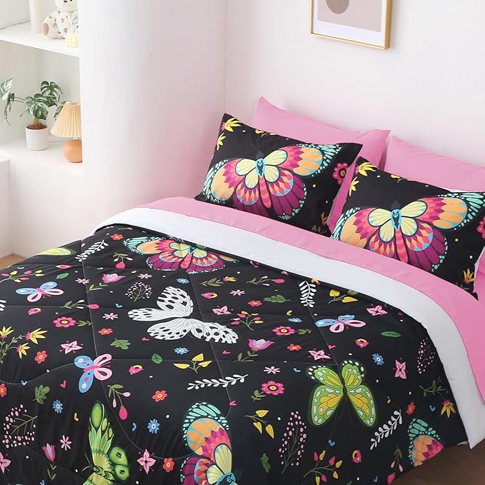 Girls Butterfly Comforter Set Twin Size Colorful Flowers Leaves Bedding Set for Kids Teens Black 7 Piece Bed in A Bag Super Soft All Season - LeafyLoom