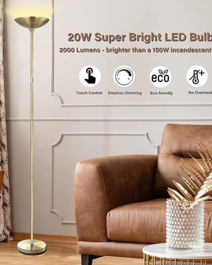 BoostArea Torchiere Standing Lamp,20W 2000LM LED Halogen Stepless Dimmable,Touch Control,50000hrs Lifespan,Pale Floor Lamps for Living Room, Bedroom,Gold - LeafyLoom