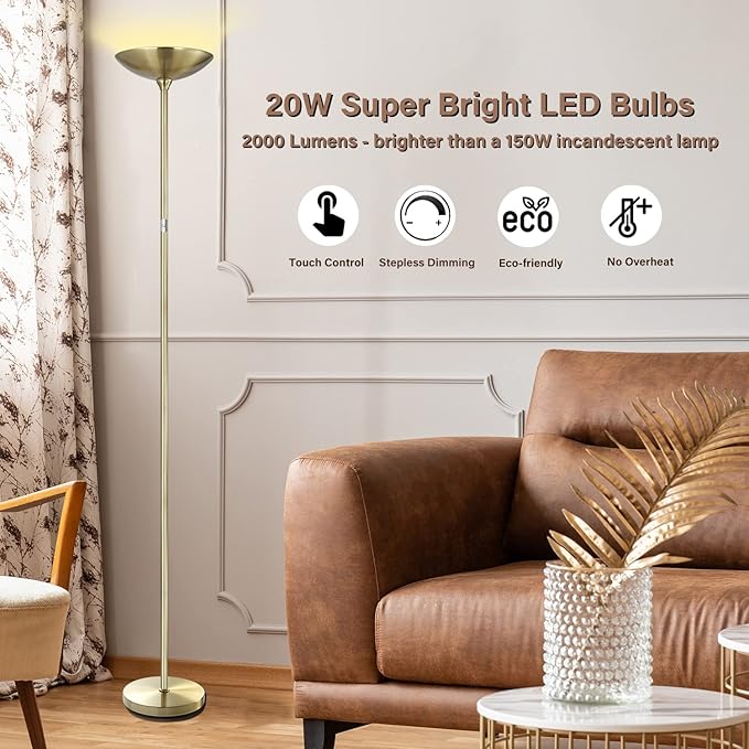 BoostArea Torchiere Standing Lamp,20W 2000LM LED Halogen Stepless Dimmable,Touch Control,50000hrs Lifespan,Pale Floor Lamps for Living Room, Bedroom,Gold - LeafyLoom