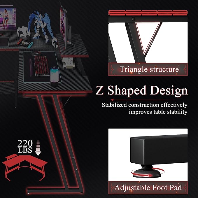 L Shaped Gaming Desk, 51 Inch Computer Corner Table with Large Monitor Stand & Carbon Fiber Surface for Home Office Study Writing Workstation, Black - LeafyLoom