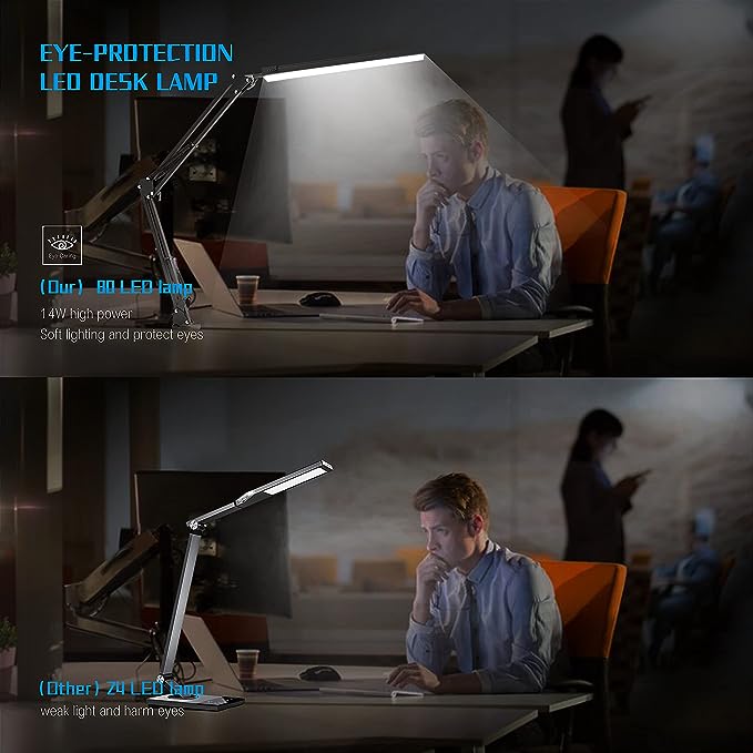 LED Desk Lamp, Swing Arm Desk Light with Clamp, 3 Lighting 10 Brightness Eye-caring Modes, reading desk lamps for home office 360°Spin with USB Adapter & Memory Function black-14W - LeafyLoom