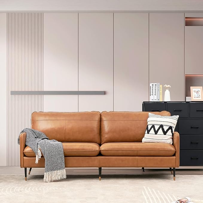 67" Top-Grain Leather Sofa, 2 Seater Loveseat Couch, Mid-Century Modern Leather Couch for Living Room Bedroom Apartment Office, Cognac Tan - LeafyLoom