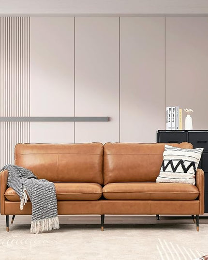 67" Genuine Leather Sofa, Top-Grain 2 Seater Loveseat Couch, Mid-Century Modern Upholstered Sofa for Living Room Bedroom Apartment Office, Cognac Tan - LeafyLoom