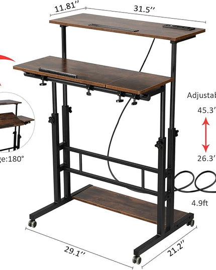Hadulcet Mobile Standing Desk with Charging Station, Stand Up Laptop Desk Mobile Workstation for Home Office Classroom with Wheels, 31.49 x 23.6 in Rustic Brown - LeafyLoom
