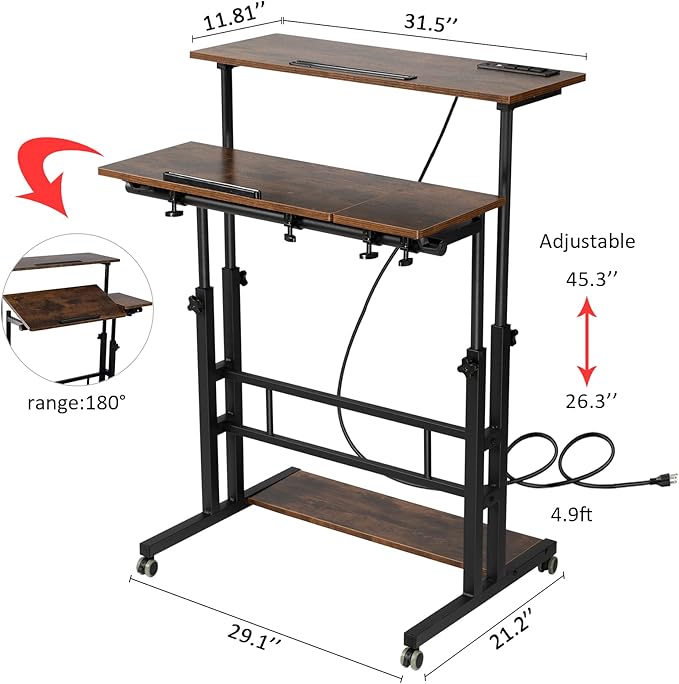 Hadulcet Mobile Standing Desk with Charging Station, Stand Up Laptop Desk Mobile Workstation for Home Office Classroom with Wheels, 31.49 x 23.6 in Rustic Brown - LeafyLoom