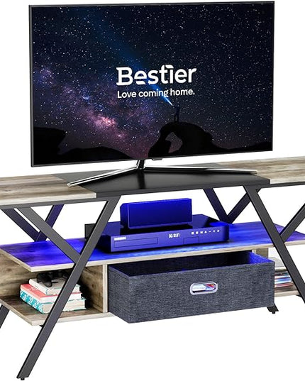 Bestier LED TV Stand for Bedroom TV Entertainment Center 55 inch for TV up to 65 in, Gaming TV Console W/Fabric Drawer Storage for Living Room with LED Lights 20 Modes, Wash Gray - LeafyLoom