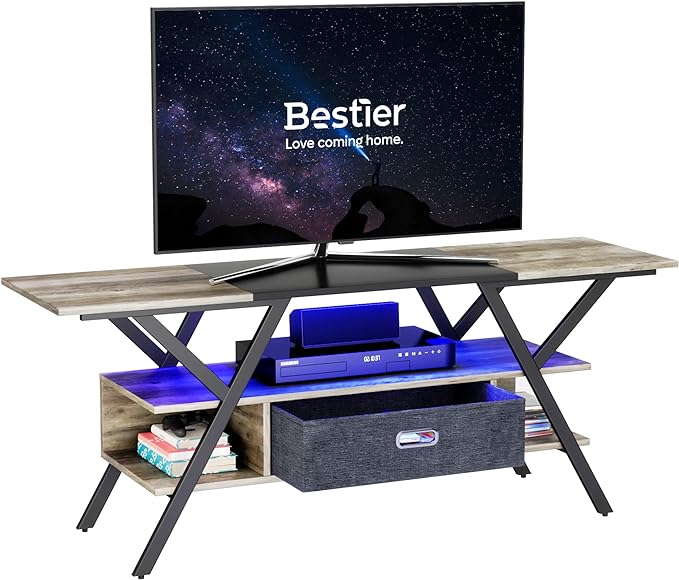 Bestier LED TV Stand for Bedroom TV Entertainment Center 55 inch for TV up to 65 in, Gaming TV Console W/Fabric Drawer Storage for Living Room with LED Lights 20 Modes, Wash Gray - LeafyLoom