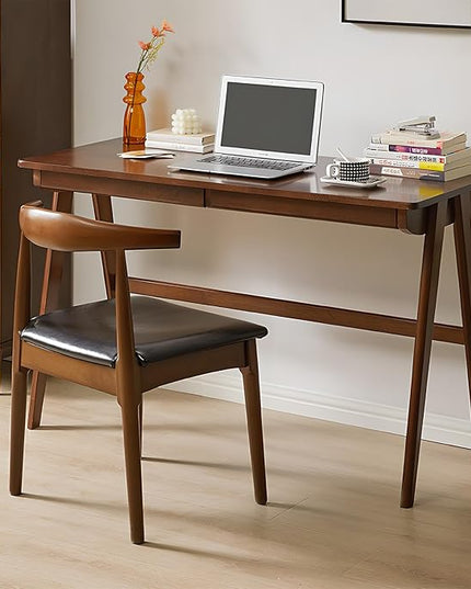 Computer Desk with Drawers, Solid Wood Writing Desk, Mid Century Modern Home Office Desks, Oak Study Table, Small Desk for Bedroom, 29.1 H x 39.4 W x 21.7 D Inches, Walnut - LeafyLoom