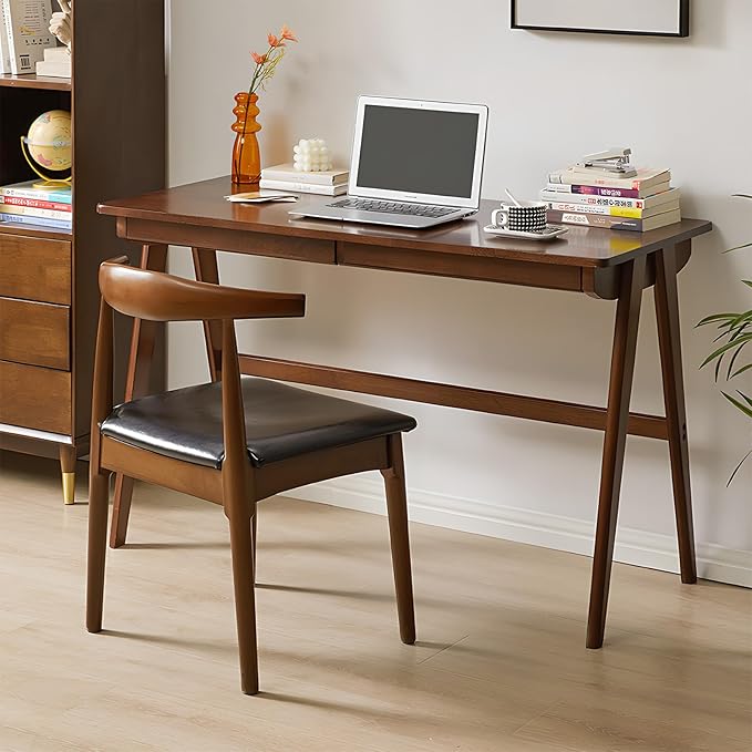 Computer Desk with Drawers, Solid Wood Writing Desk, Mid Century Modern Home Office Desks, Oak Study Table, Small Desk for Bedroom, 29.1 H x 39.4 W x 21.7 D Inches, Walnut - LeafyLoom