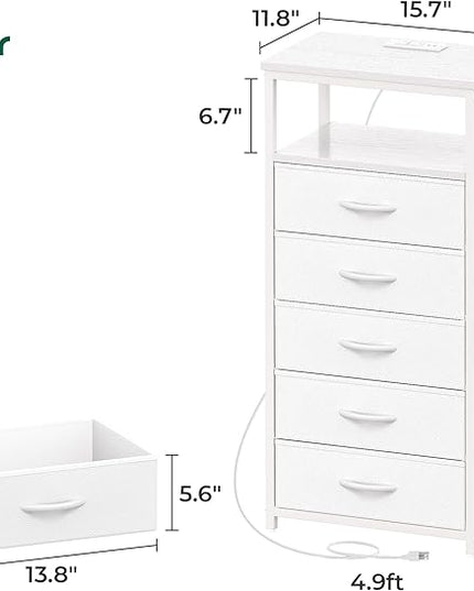 5 Drawers Dresser with Charging Station, Dresser for Bedroom, Tall Night Stand, Chest of Drawers with PU Leather Finish, Open Shelf, Bedside Table Nightstand, for Entryway, White - LeafyLoom