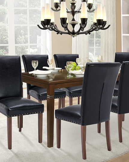 Parsons Dining Chairs Set of 4, Upholstered Nailhead PU Leather Dining Room Kitchen Side Chair with Thick Cushions and Wood Legs, Black - LeafyLoom