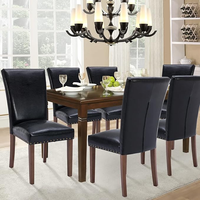 Parsons Dining Chairs Set of 4, Upholstered Nailhead PU Leather Dining Room Kitchen Side Chair with Thick Cushions and Wood Legs, Black - LeafyLoom