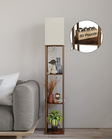 SUNMORY Floor Lamp with Shelves, Modern Square Standing Lamp with 3 Color Temperature Bulb, Corner Display Bookshelf Lamp for Living Room and Bedroom (Rustic Brown) - LeafyLoom