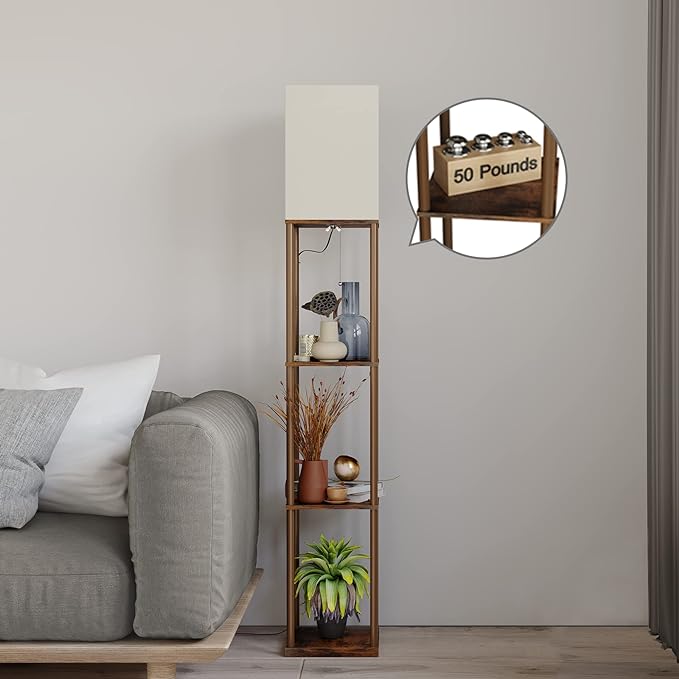 SUNMORY Floor Lamp with Shelves, Modern Square Standing Lamp with 3 Color Temperature Bulb, Corner Display Bookshelf Lamp for Living Room and Bedroom (Rustic Brown) - LeafyLoom
