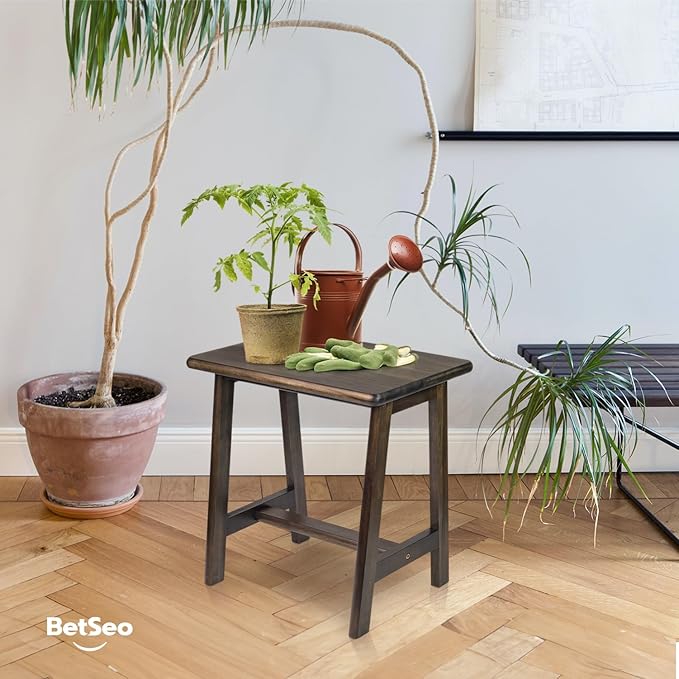 Rectangular Acacia Wood Stool (16.7" D x 13" W x 17.7" H) Small Bench Seat, Small End Table Stool, Bathroom Stool Wood, Plant Stool, Makeup Stool, Perfect Size for Living Room,Bathroom (Walnut Color) - LeafyLoom