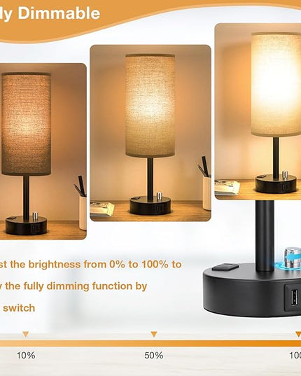 Innqoo Black Table Lamps for Boy Set of 2 - Fully Dimmable Bedroom Lamp with USB C Charging Port, Bedside Lamps with USB Ports and Outlets, Night Lamps for Reading, Nursery, Study with Black Base - LeafyLoom