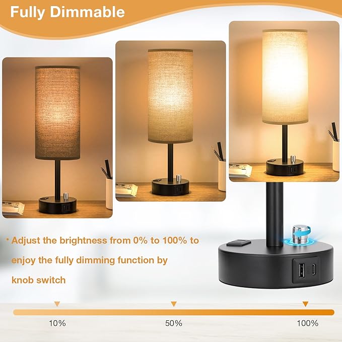 Innqoo Black Table Lamps for Boy Set of 2 - Fully Dimmable Bedroom Lamp with USB C Charging Port, Bedside Lamps with USB Ports and Outlets, Night Lamps for Reading, Nursery, Study with Black Base - LeafyLoom