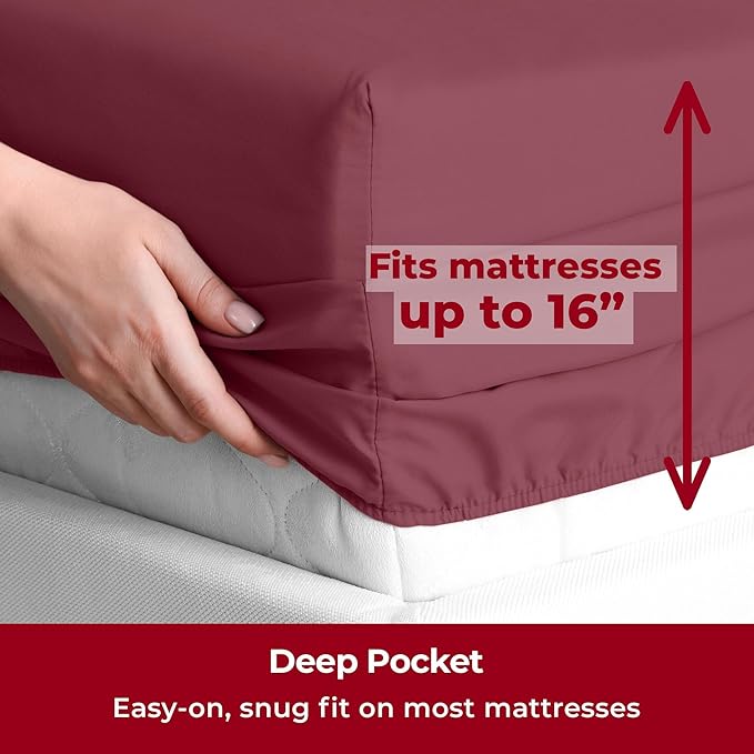 Mellanni Queen Sheets Set - 4 PC Iconic Collection Bedding Sheets & Pillowcases - Hotel Luxury, Extra Soft, Cooling Bed Sheets - Deep Pocket up to 16 inch (Queen, Burgundy) - LeafyLoom