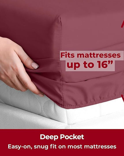 Mellanni Twin XL Sheets Set - 3 PC Iconic Collection Bedding Sheets & Pillowcases - Hotel Luxury, Extra Soft, Cooling Bed Sheets - Deep Pocket up to 16 inch (Twin Extra Long, Burgundy) - LeafyLoom