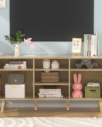 Anmytek Rattan TV Stand for TV up to 65inch,30'' Tall Farmhouse TV Stand Mid Century Modern TV Stand with Storage TV Console Entertainment Center Media Cabinet for Living Room Bedroom - LeafyLoom