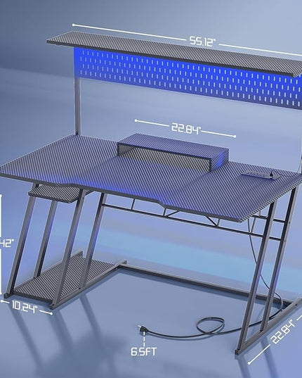 Gaming Computer Desk with Hutch and LED Lights, 55'' Black Gaming Desk with Storage Shelves, Reversible PC Gaming Desk with Pegboard, Ergonomic Desk for Bedroom, Carbon Fiber Surface - LeafyLoom