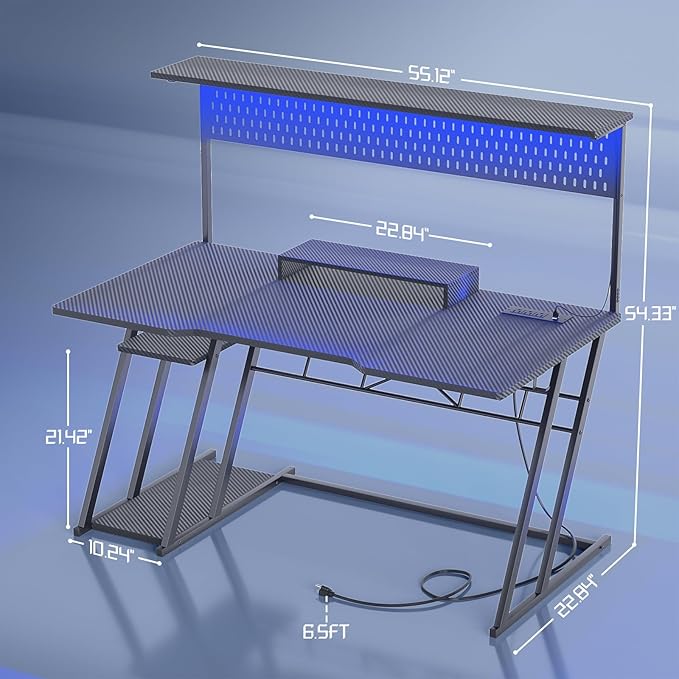 Gaming Computer Desk with Hutch and LED Lights, 55'' Black Gaming Desk with Storage Shelves, Reversible PC Gaming Desk with Pegboard, Ergonomic Desk for Bedroom, Carbon Fiber Surface - LeafyLoom