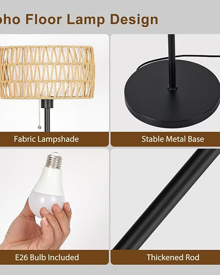 Rattan Floor Lamp for Living Room, Boho Standing Lamp with 3 Color Temperatures, Farmhouse Floor Lamp Wicker Lamp Double Shades, Bohemian Floor Lamps for Bedroom, Office(Black) - LeafyLoom