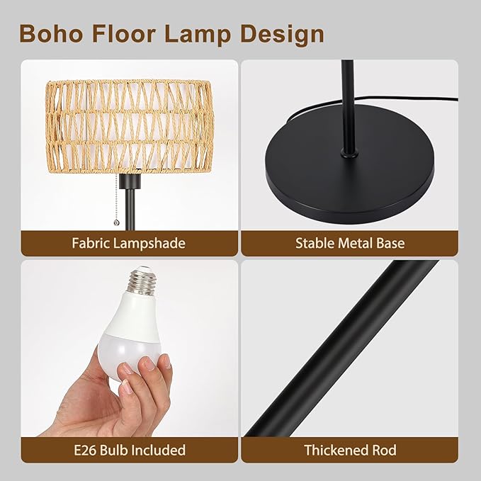 Rattan Floor Lamp for Living Room, Boho Standing Lamp with 3 Color Temperatures, Farmhouse Floor Lamp Wicker Lamp Double Shades, Bohemian Floor Lamps for Bedroom, Office(Black) - LeafyLoom