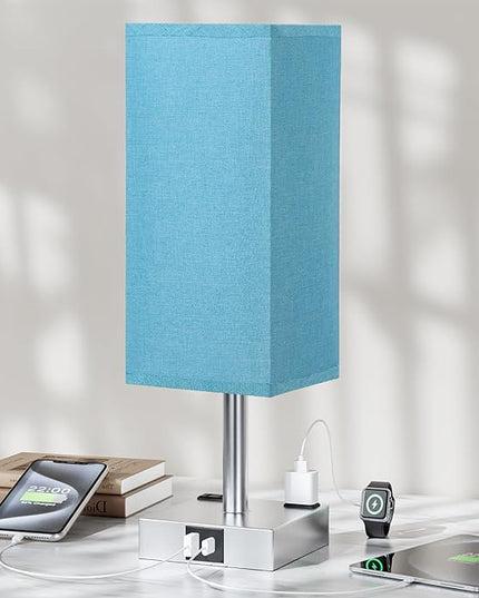 Touch Bedside Table Lamp For Nightstand - 3-Way Dimmable Night Lamp with USB A + Type C Charging Ports and two AC Outlets, Small Desk Light with E26 Bulb for Bedroom Living Room Dorm, Turquoise - LeafyLoom