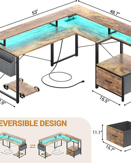 Unikito L Shaped Desk with File Drawer, Reversible L Shaped Computer Desk with Power Outlet & LED Lights, Home Office Desk Corner Desk with Monitor Shelf & Printer Cabinet, Gaming Desk, Rustic Brown - LeafyLoom