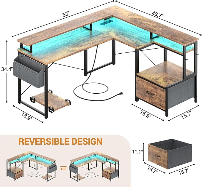 Unikito L Shaped Desk with File Drawer, Reversible L Shaped Computer Desk with Power Outlet & LED Lights, Home Office Desk Corner Desk with Monitor Shelf & Printer Cabinet, Gaming Desk, Rustic Brown - LeafyLoom