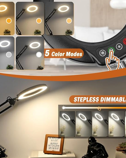 Veemagni 10X Magnifying Glass with Light and Stand, 5 Color Modes Stepless Dimmable 2-in-1 Desk Lamp & Clamp, LED Lighted Magnifier with Light, Hands Free for Repair Craft Hobby Close Work - LeafyLoom