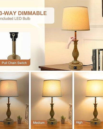 Farmhouse Table Lamp 3-Way Dimmable Table Lamp, Modern Nightstand Lamp with 2 USB Port Pull Chain Bedside Desk Lamp with Fabric Shade for Living Room Bedroom Hotel (Metal-Pack-02) - LeafyLoom
