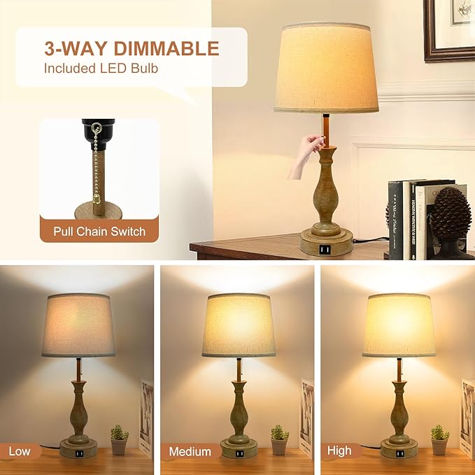 Farmhouse Table Lamp 3-Way Dimmable Table Lamp, Modern Nightstand Lamp with 2 USB Port Pull Chain Bedside Desk Lamp with Fabric Shade for Living Room Bedroom Hotel (Metal-Pack-02) - LeafyLoom