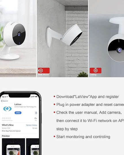 LaView Security Cameras 4pcs, Home Security Camera Indoor 1080P, Wi-Fi Cameras Wired for Pet, Motion Detection, Two-Way Audio, Night Vision, Phone App, Works with Alexa, iOS & Android & Web Access LaView