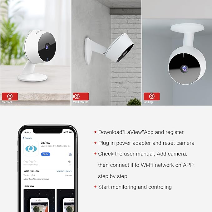 LaView Security Cameras 4pcs, Home Security Camera Indoor 1080P, Wi-Fi Cameras Wired for Pet, Motion Detection, Two-Way Audio, Night Vision, Phone App, Works with Alexa, iOS & Android & Web Access LaView