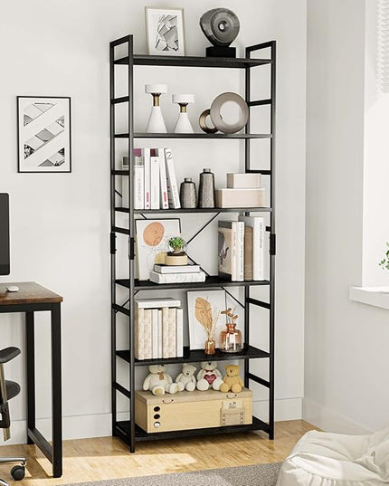 OTK 6 Tier Adjustable Bookshelf, Tall Bookcase, Office Shelf Storage Organizer, Modern Book Shelf for Living Room, Bedroom, and Home Office, Black - LeafyLoom