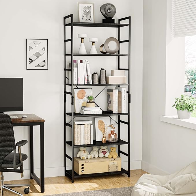 OTK 6 Tier Adjustable Bookshelf, Tall Bookcase, Office Shelf Storage Organizer, Modern Book Shelf for Living Room, Bedroom, and Home Office, Black - LeafyLoom