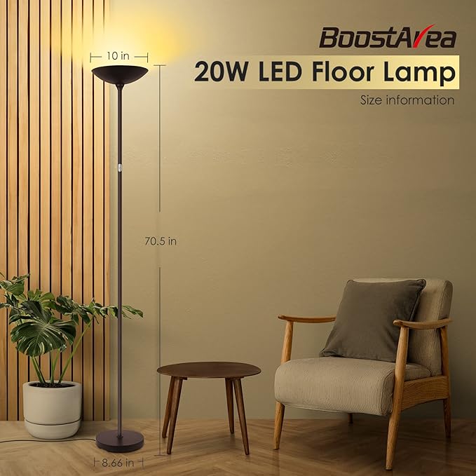 BoostArea Floor Lamp, Standing Lamp, 20W 2000LM LED Torchiere Floor Lamp, Stepless Dimmable, Touch Control, 3000K Daylight, 50000hrs Lifespan, Floor Lamps for Living Room, Standing Lamps for Bedroom - LeafyLoom