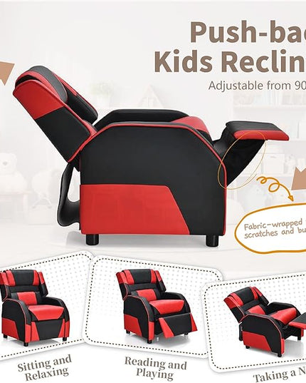 RACER Larger Kids Gaming Chair Leather Recliner Sofa Children Ages 3-12, BlackRed - LeafyLoom