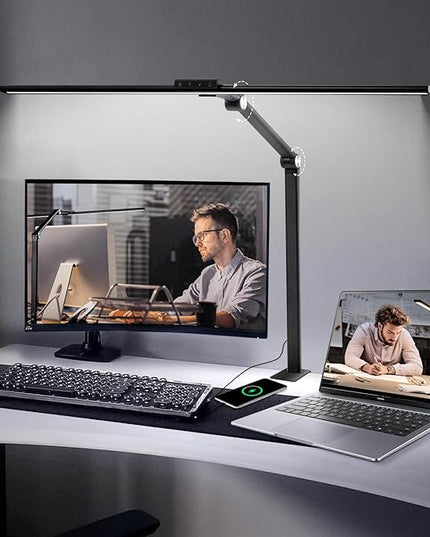 LED Desk Lamps for Home Office 24W Double Head with USB Charging Port and Plug,Modern Architect Table Light with Clamp 5CCT Color Changing Dimmable for Reading Study 31.5Inch Balck - LeafyLoom